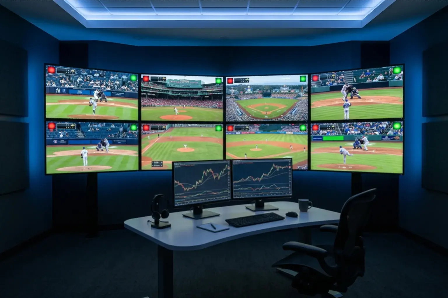 Multiple computer monitors in a sports integrity operations room displaying live baseball game feeds and betting data dashboards