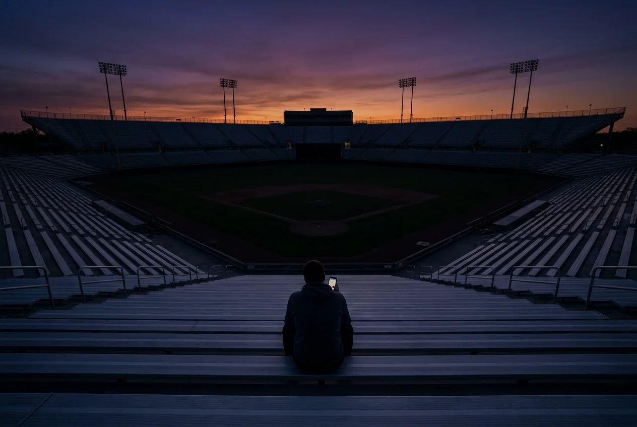 A person sitting alone on bleachers in an empty baseball stadium at dusk, looking down at a phone, conveying the isolation of problem gambling